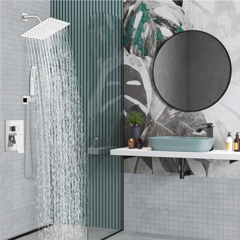 Midanya Shower Faucet Set,Wall Mount Shower System with Square Rain Shower Head and Hand Sprayer, Rough-in Valve Body and Trim Kit Included,8 Inch,Polish Chrome - Image 2